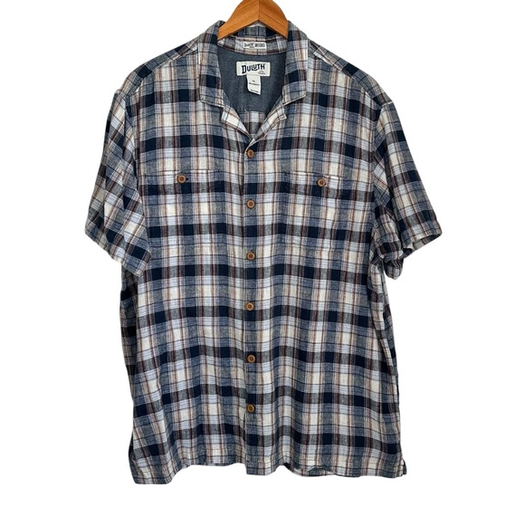 Duluth Button Mens Relaxed Fit Plaid Hemp Cotton Shirt XL Blue Red Short Sleeve - Picture 1 of 6